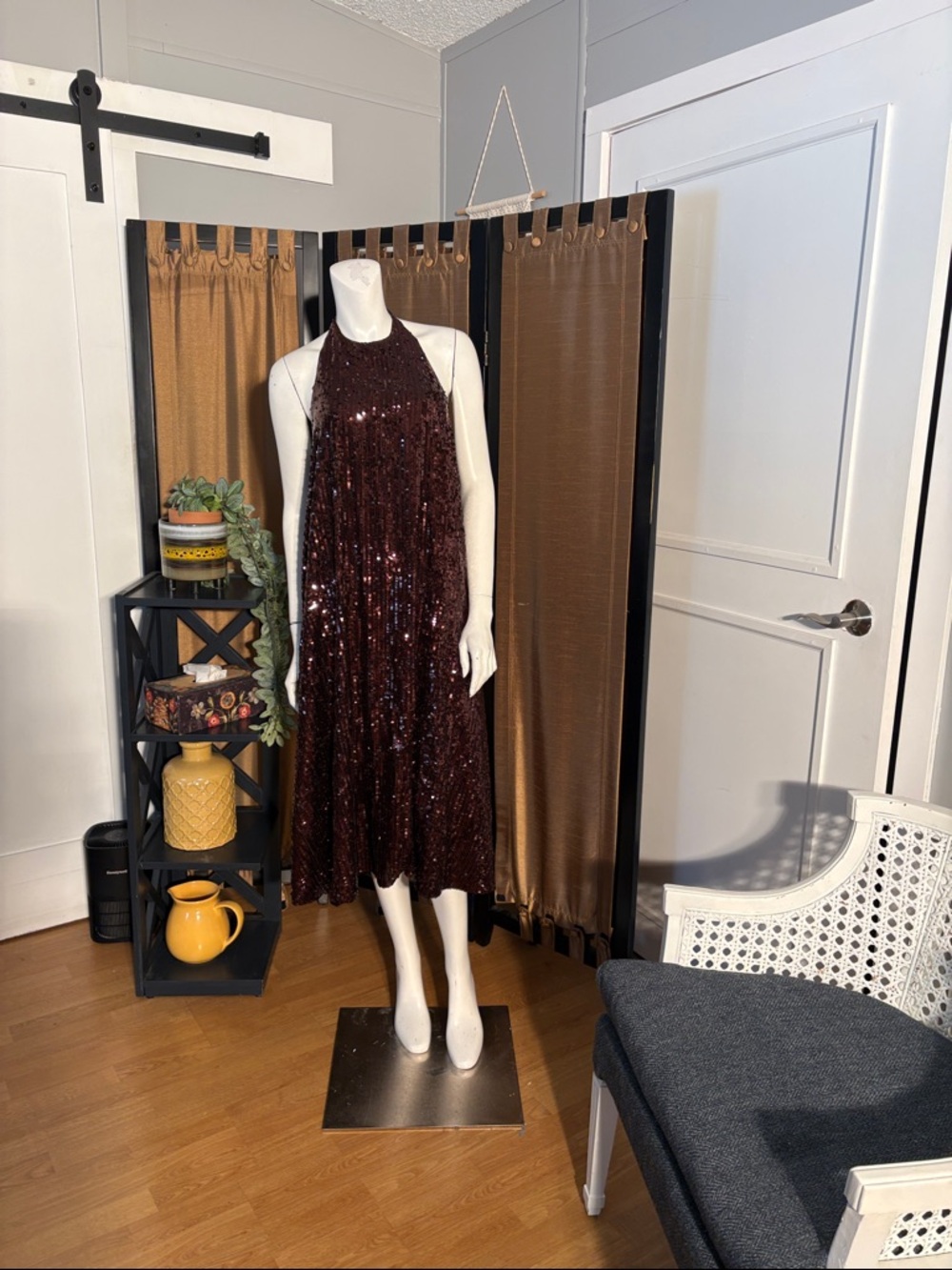 Sparkling Brown Sequin Halter Midi Dress